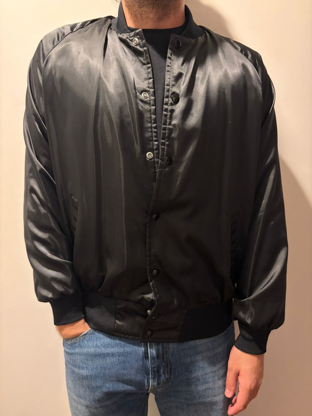 Men's Black Satin Bomber Jacket - Minimal Snap-Front